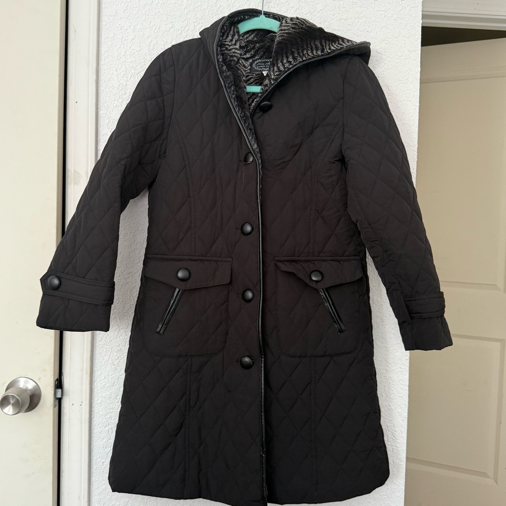Women's Black Quilted Hooded Coat Faux Fur